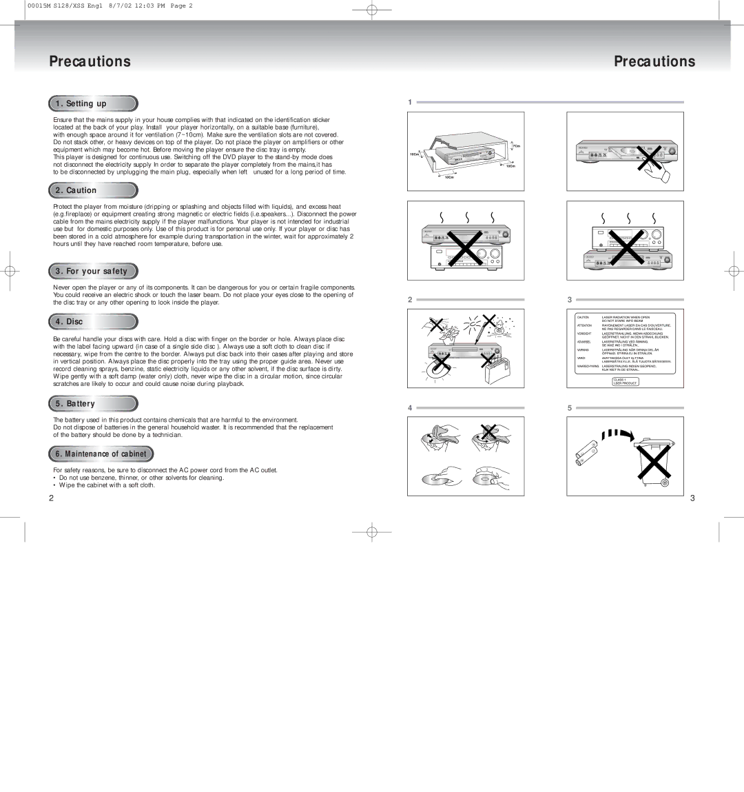 Samsung DVD-S328K, DVD-S128, DVD-S428K, DVD-S228 manual Precautions, Setting up, For your safety, Disc, Battery 