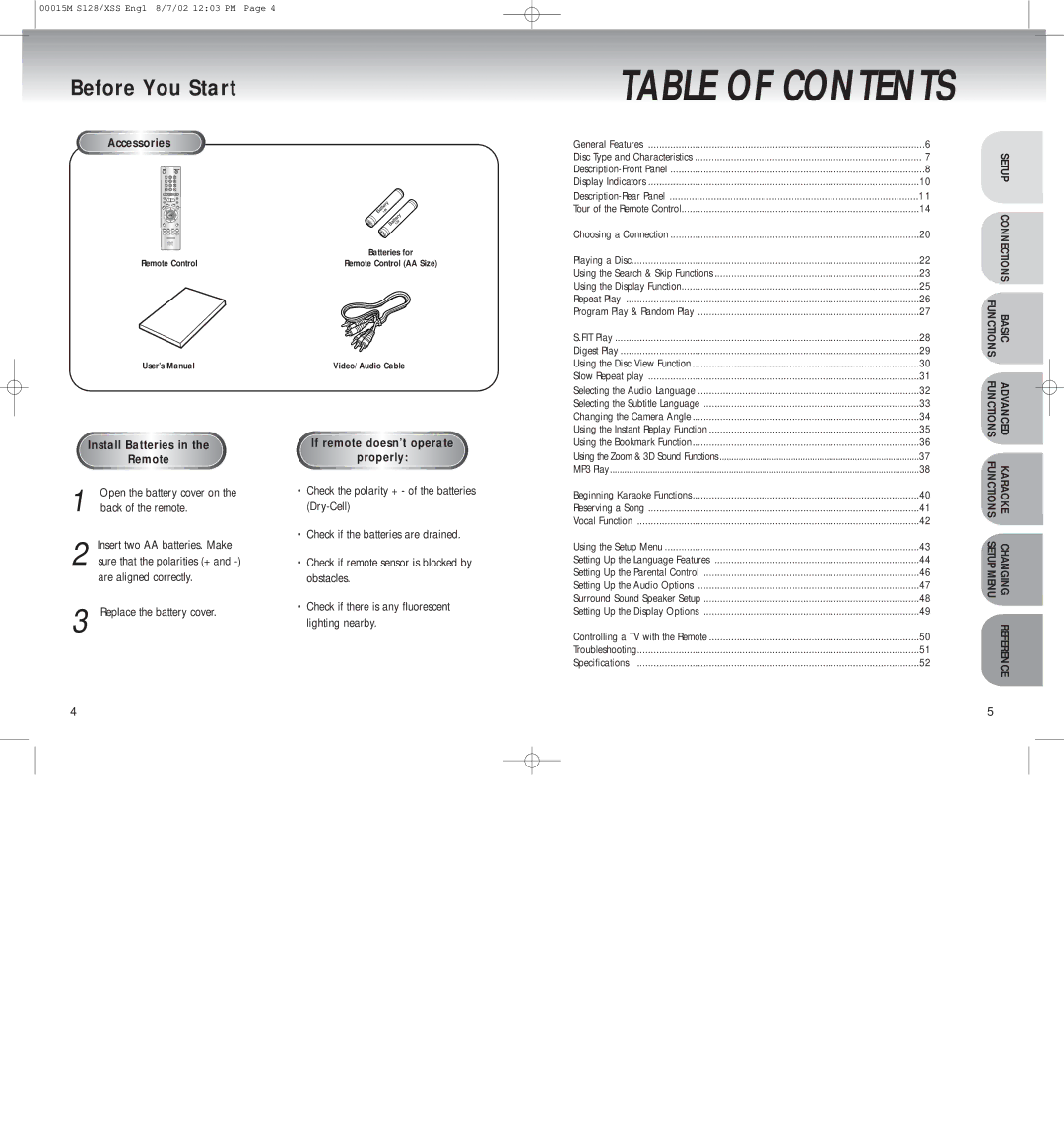 Samsung DVD-S228, DVD-S128, DVD-S428K, DVD-S328K manual Table of Contents 