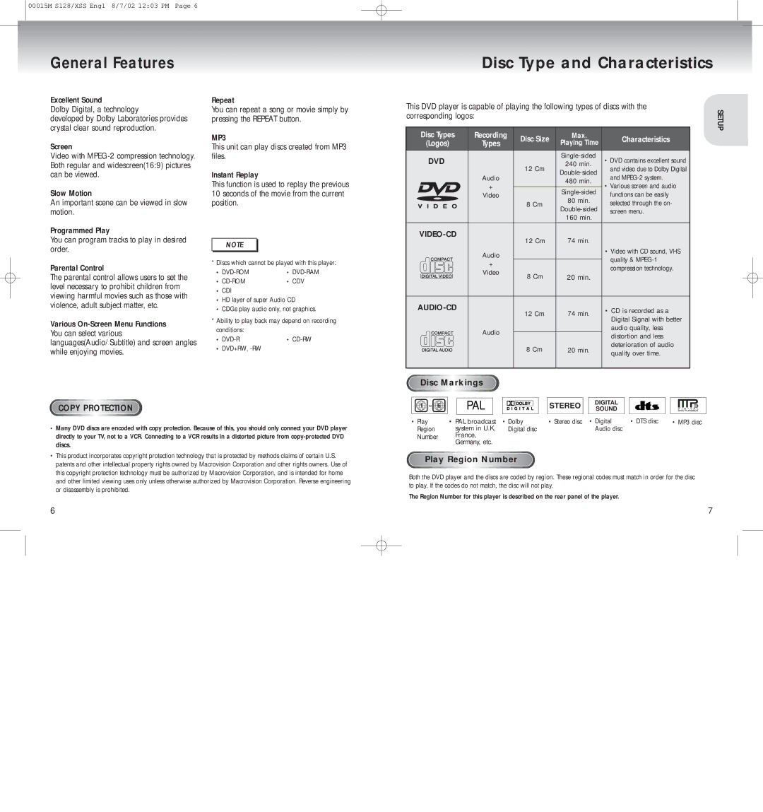 Samsung DVD-S128, DVD-S428K, DVD-S328K, DVD-S228 manual General Features, Excellent Sound Dolby Digital, a technology 