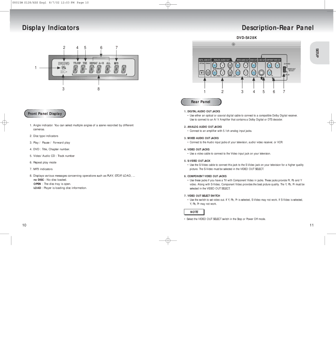 Samsung DVD-S328K, DVD-S128, DVD-S428K, DVD-S228 manual Display Indicators, Description-Rear Panel, Front Panel Display 