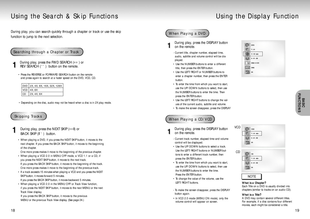 Samsung DVD-S129 manual Searching through a Chapter or Track, When Playing a DVD, Skipping Tracks, When Playing a CD/VCD 