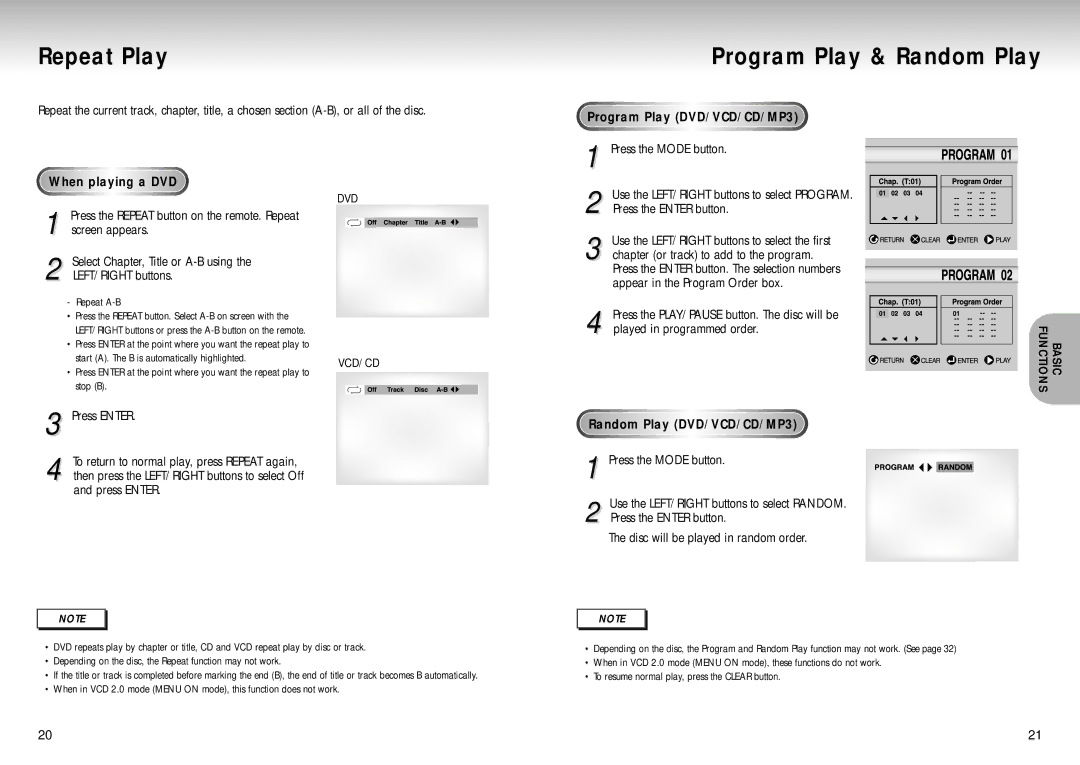 Samsung AK68-00102A manual Repeat Play, Program Play & Random Play, Program Play DVD/VCD/CD/MP3, Random Play DVD/VCD/CD/MP3 