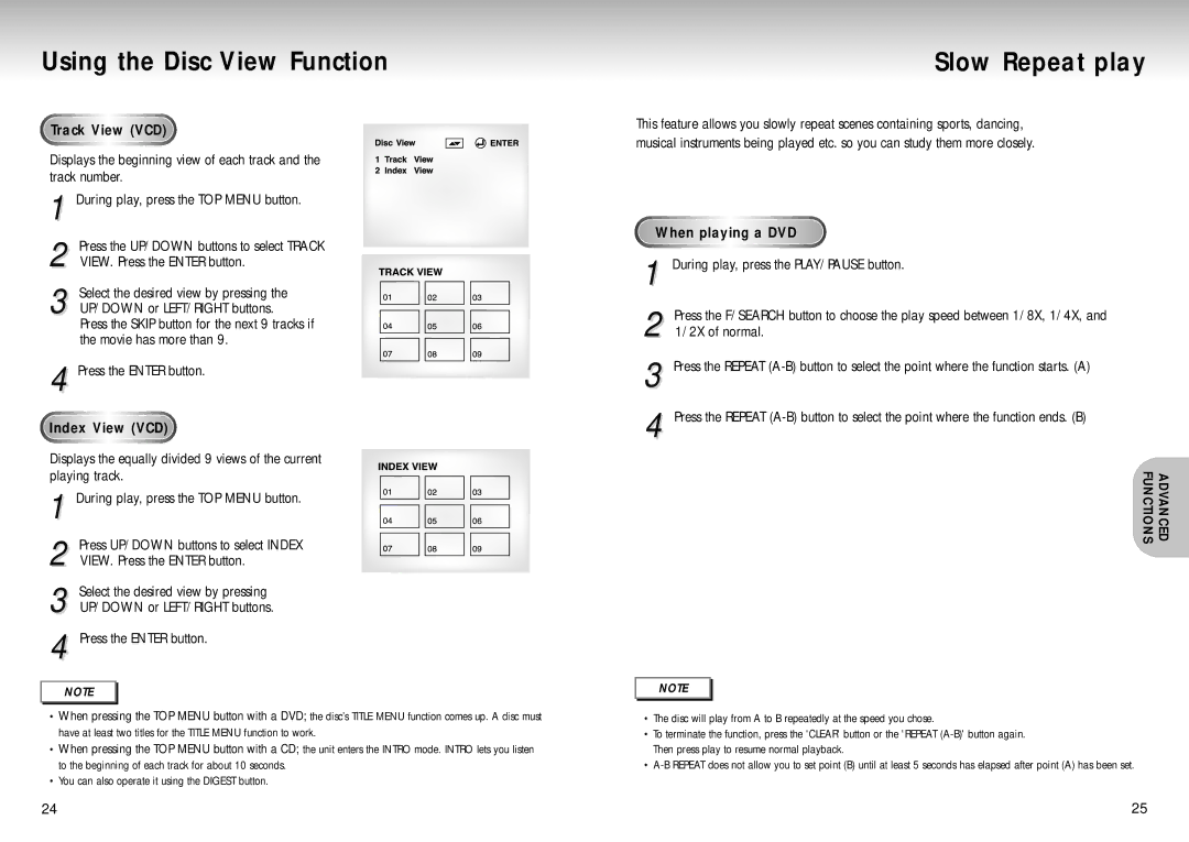 Samsung AK68-00102A, DVD-S129 manual Using the Disc View Function, Slow Repeat play, Track View VCD, Index View VCD 