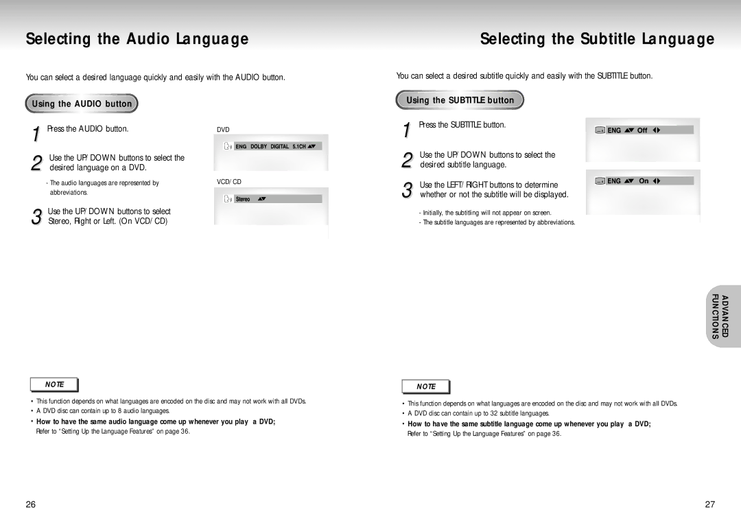 Samsung DVD-S129, AK68-00102A manual Selecting the Audio Language, Selecting the Subtitle Language, Press the Audio button 