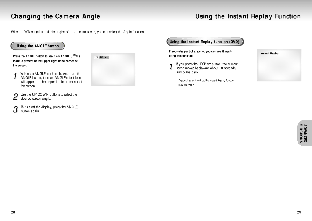 Samsung AK68-00102A, DVD-S129 manual Changing the Camera Angle, Using the Instant Replay Function, Using the Angle button 