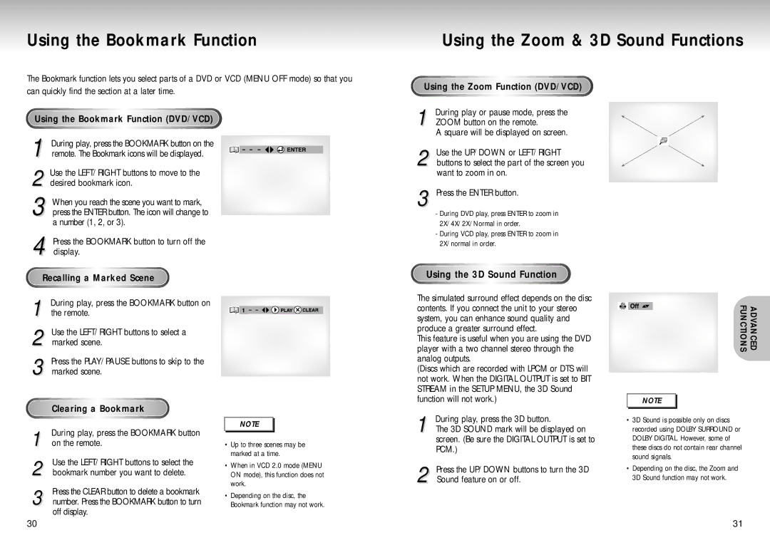 Samsung DVD-S129 manual Using the Bookmark Function DVD/VCD, Recalling a Marked Scene, Using the Zoom Function DVD/VCD 