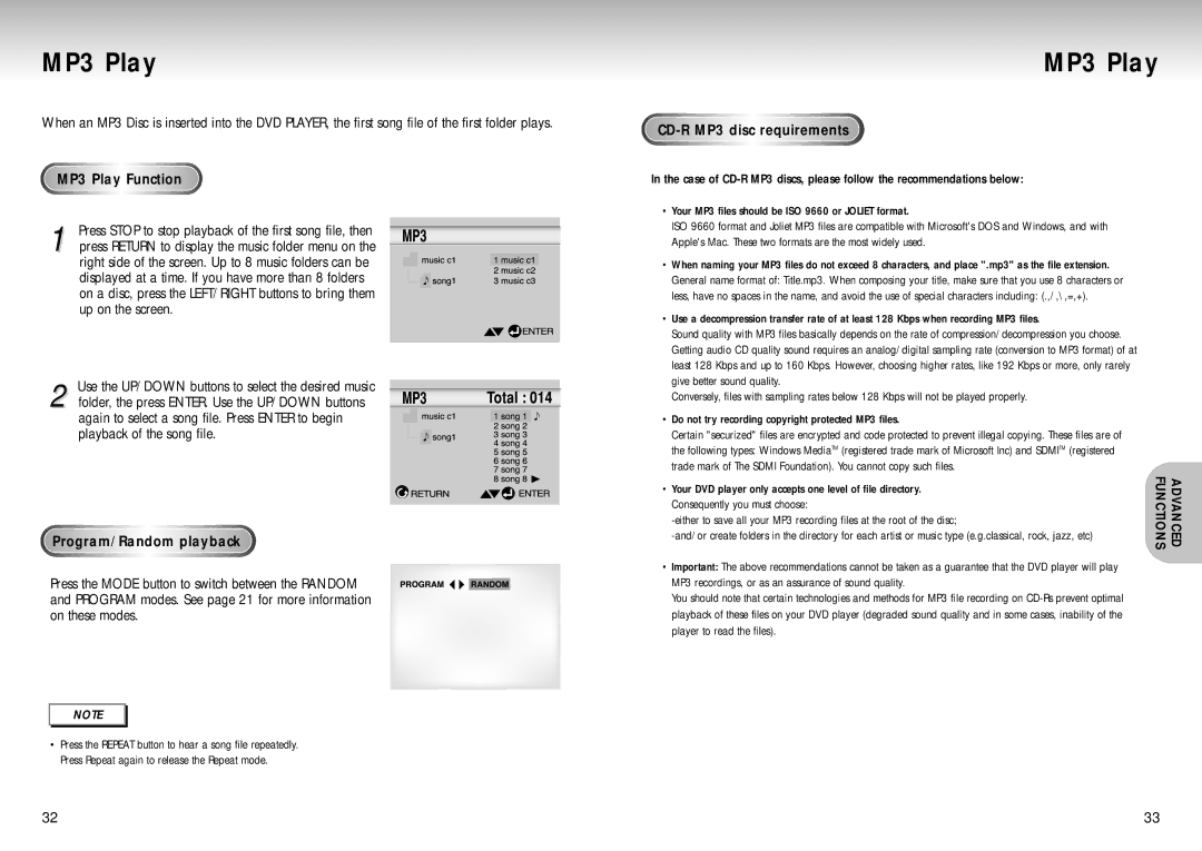 Samsung AK68-00102A, DVD-S129 manual MP3 Play Function, Program/Random playback, CD-R MP3 disc requirements 