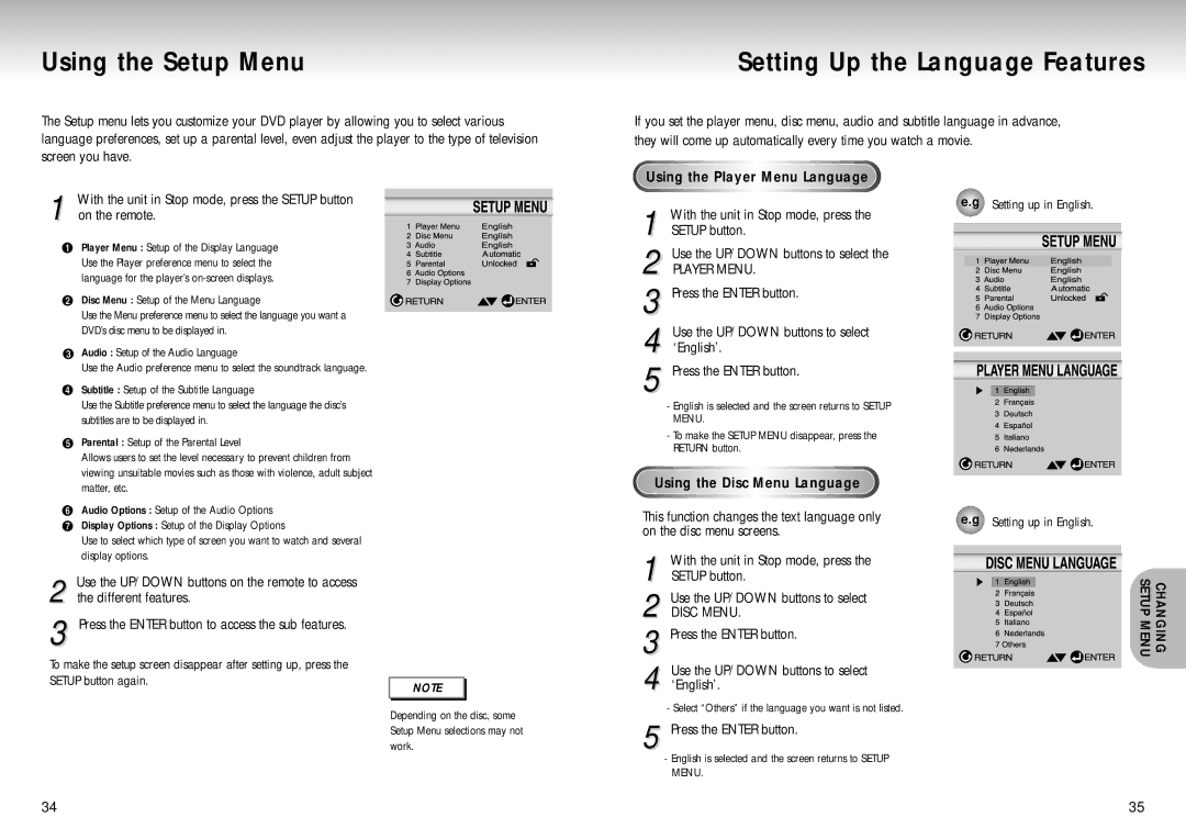 Samsung DVD-S129, AK68-00102A manual Using the Setup Menu, Setting Up the Language Features, Using the Player Menu Language 