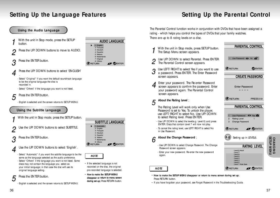 Samsung AK68-00102A, DVD-S129 manual Setting Up the Parental Control, Using the Audio Language, Using the Subtitle Language 