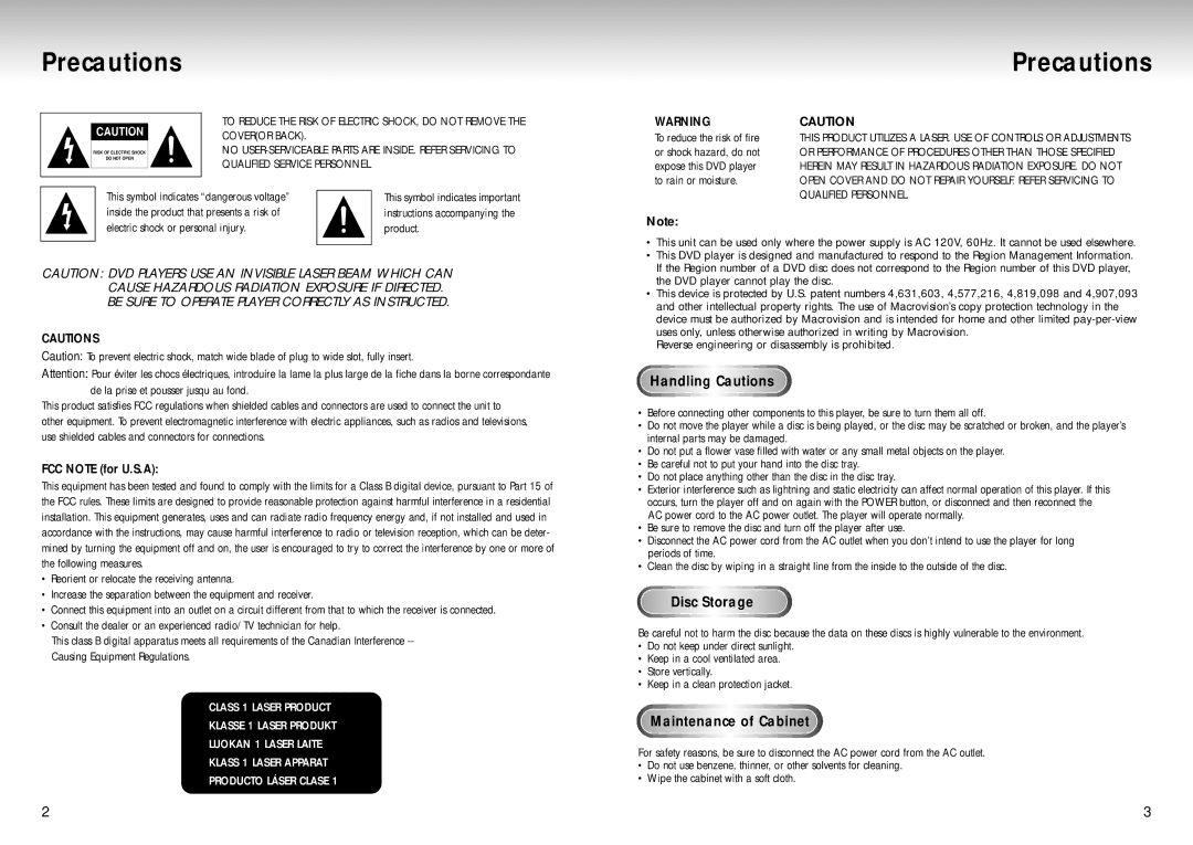 Samsung DVD-S129, AK68-00102A Precautions, FCC Note for U.S.A, Handling Cautions, Disc Storage, Maintenance of Cabinet 