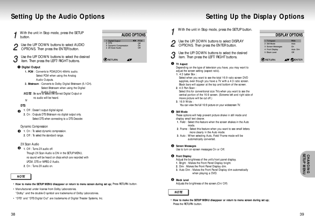 Samsung DVD-S129 manual Setting Up the Audio Options, Setting Up the Display Options, Dynamic Compression, 2X Scan Audio 