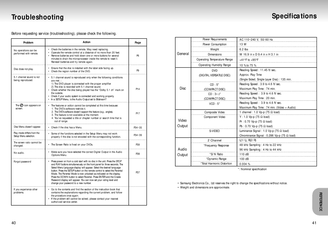 Samsung AK68-00102A, DVD-S129 manual Troubleshooting, Specifications, General, Audio 