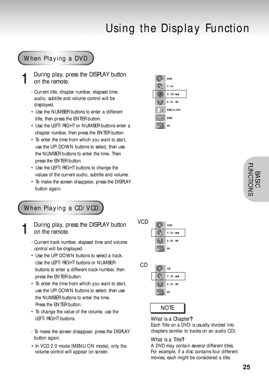 Samsung DVD-S320 manual Using the Display Function, When Playing a DVD, During play, press the Display button on the remote 