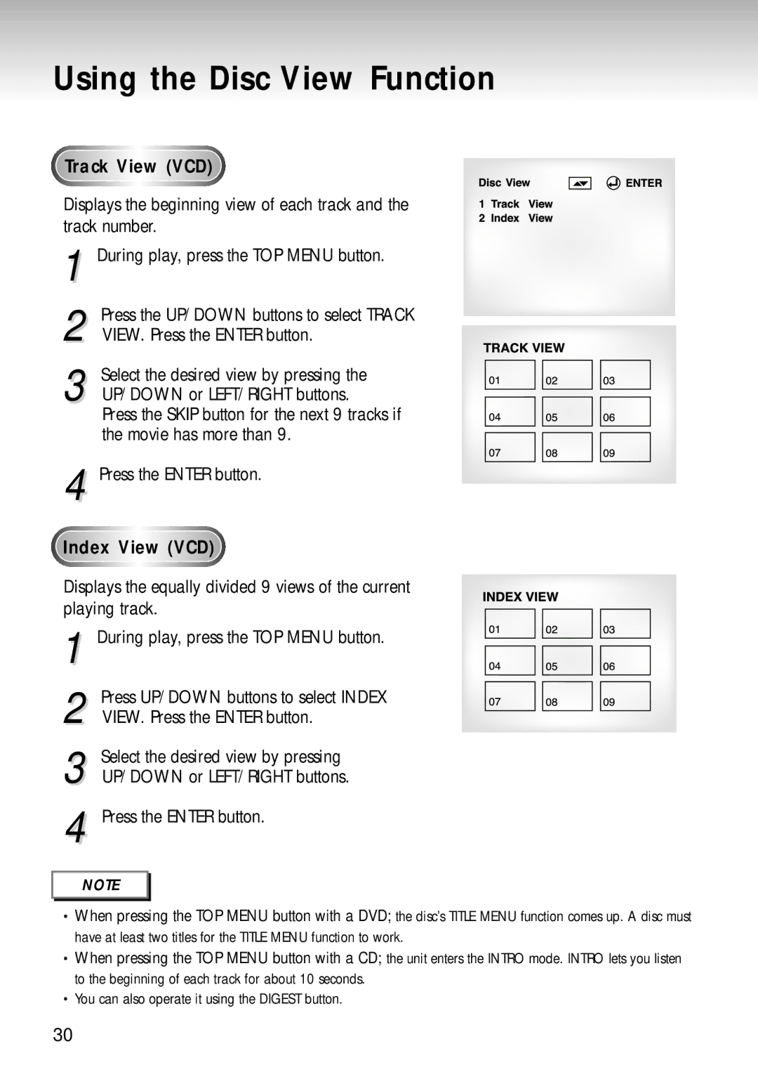 Samsung DVD-S221, DVD-S320 manual Using the Disc View Function, Track View VCD, Index View VCD 