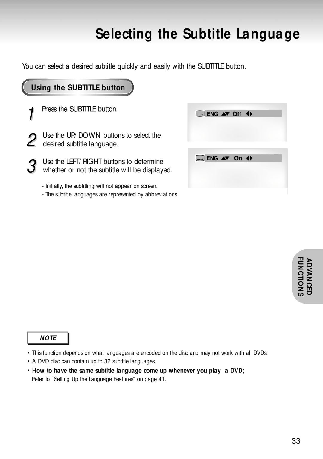 Samsung DVD-S320, DVD-S221 manual Selecting the Subtitle Language 