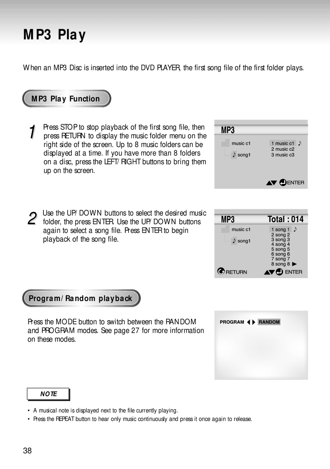 Samsung DVD-S221, DVD-S320 manual MP3 Play Function, Program/Random playback 