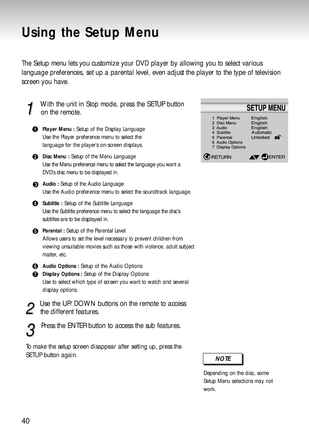 Samsung DVD-S221, DVD-S320 manual Using the Setup Menu, On the remote, Different features 