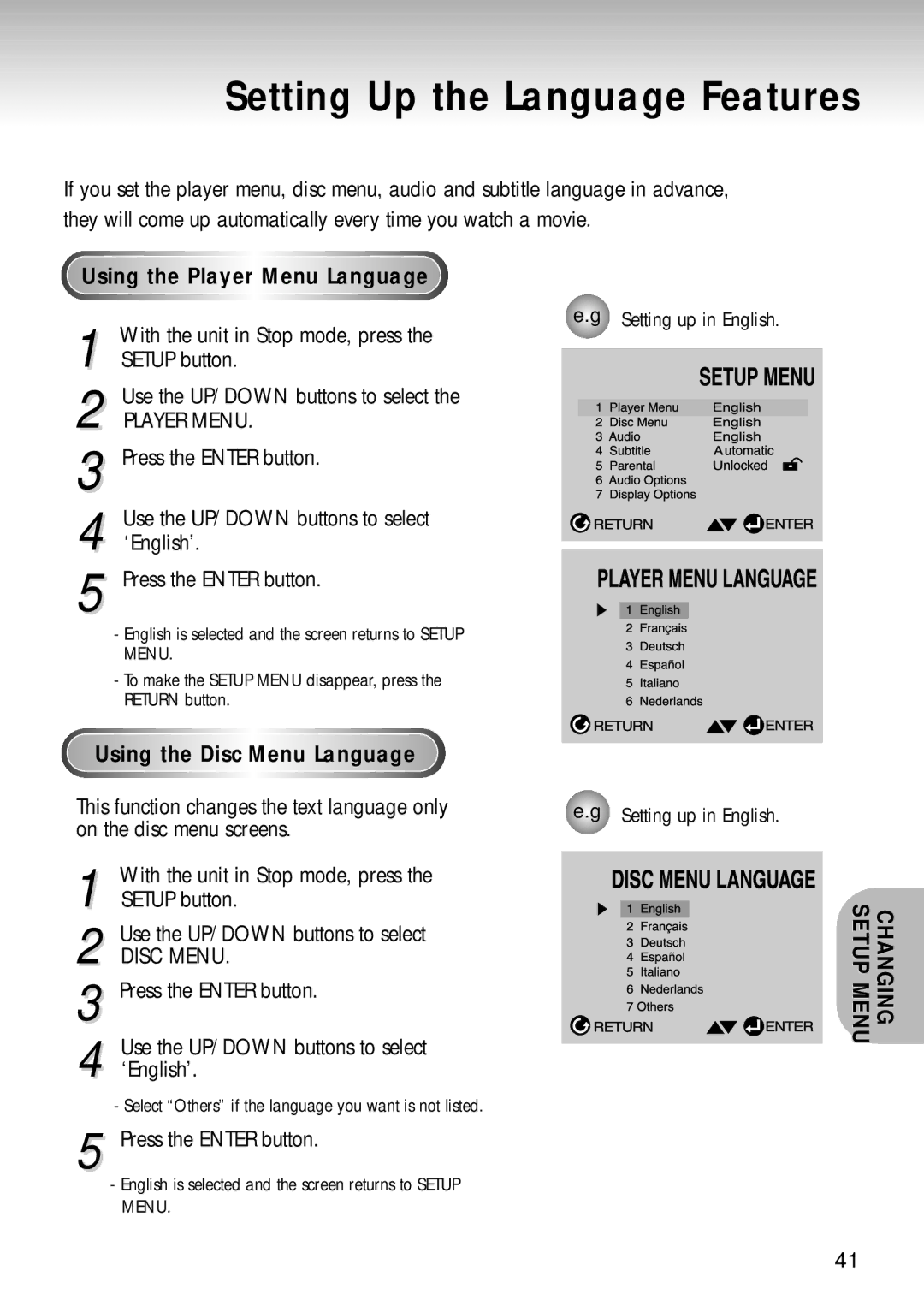 Samsung DVD-S320 manual Setting Up the Language Features, Using the Player Menu Language, Sing, On the disc menu screens 