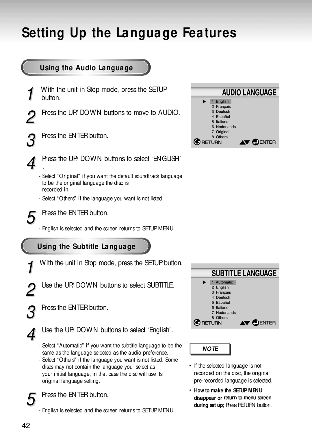 Samsung DVD-S221, DVD-S320 manual Using the Audio Language, Using the Subtitle Language 