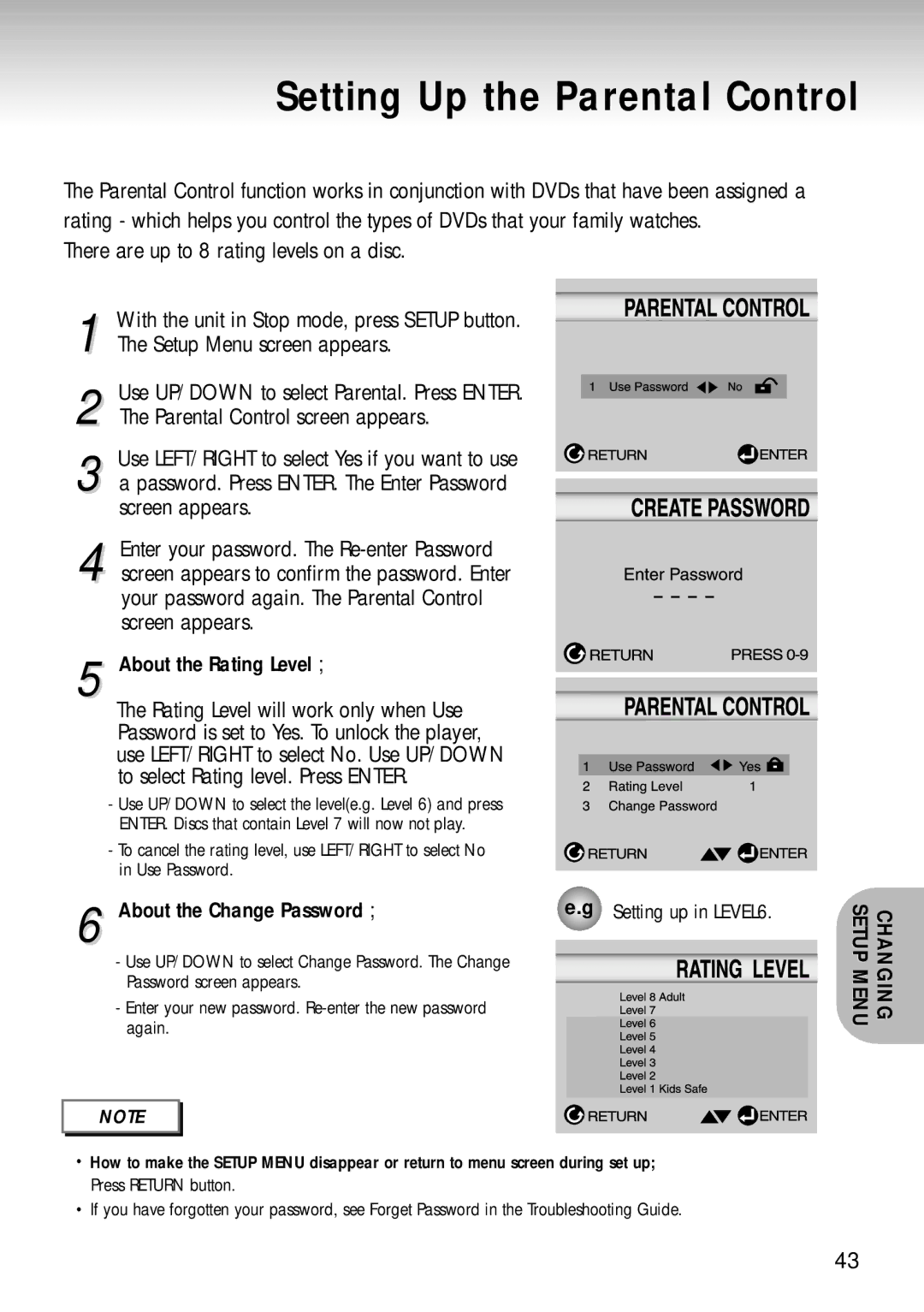 Samsung DVD-S320, DVD-S221 manual Setting Up the Parental Control, About the Change Password 