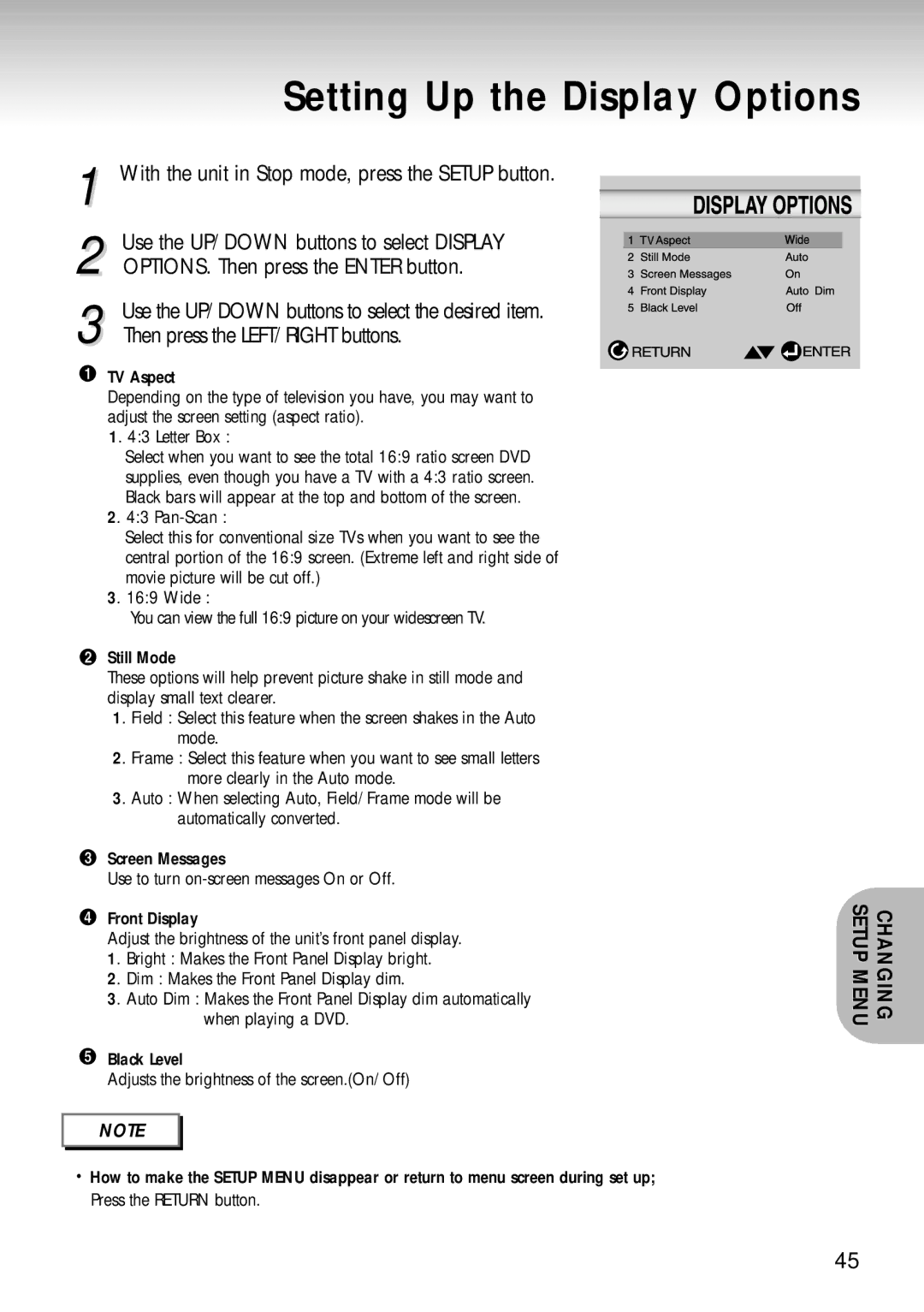 Samsung DVD-S320, DVD-S221 manual Setting Up the Display Options 