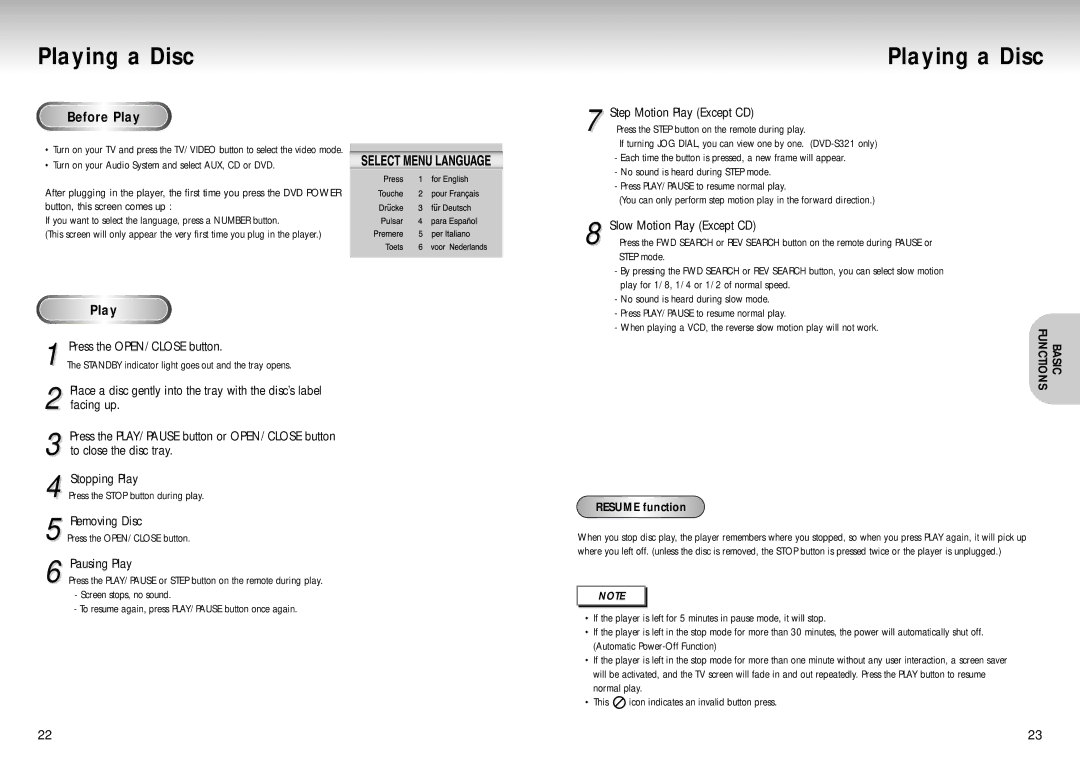 Samsung DVD-S222, DVD-S321 manual Playing a Disc 