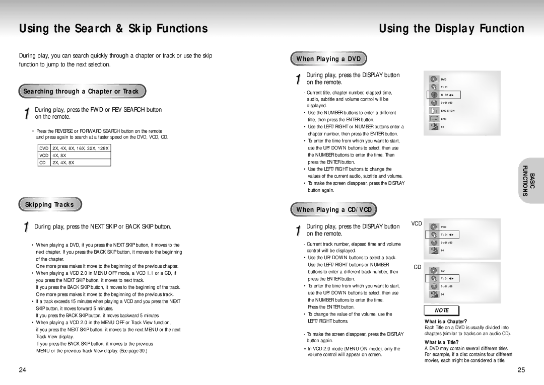 Samsung DVD-S321 manual Searching through a Chapter or Track, When Playing a DVD, Skipping Tracks, When Playing a CD/VCD 