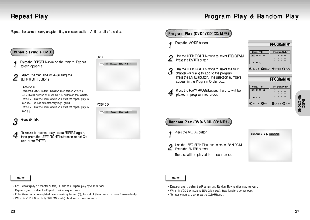 Samsung DVD-S222 manual Repeat Play, Program Play & Random Play, Program Play DVD/VCD/CD/MP3, Random Play DVD/VCD/CD/MP3 