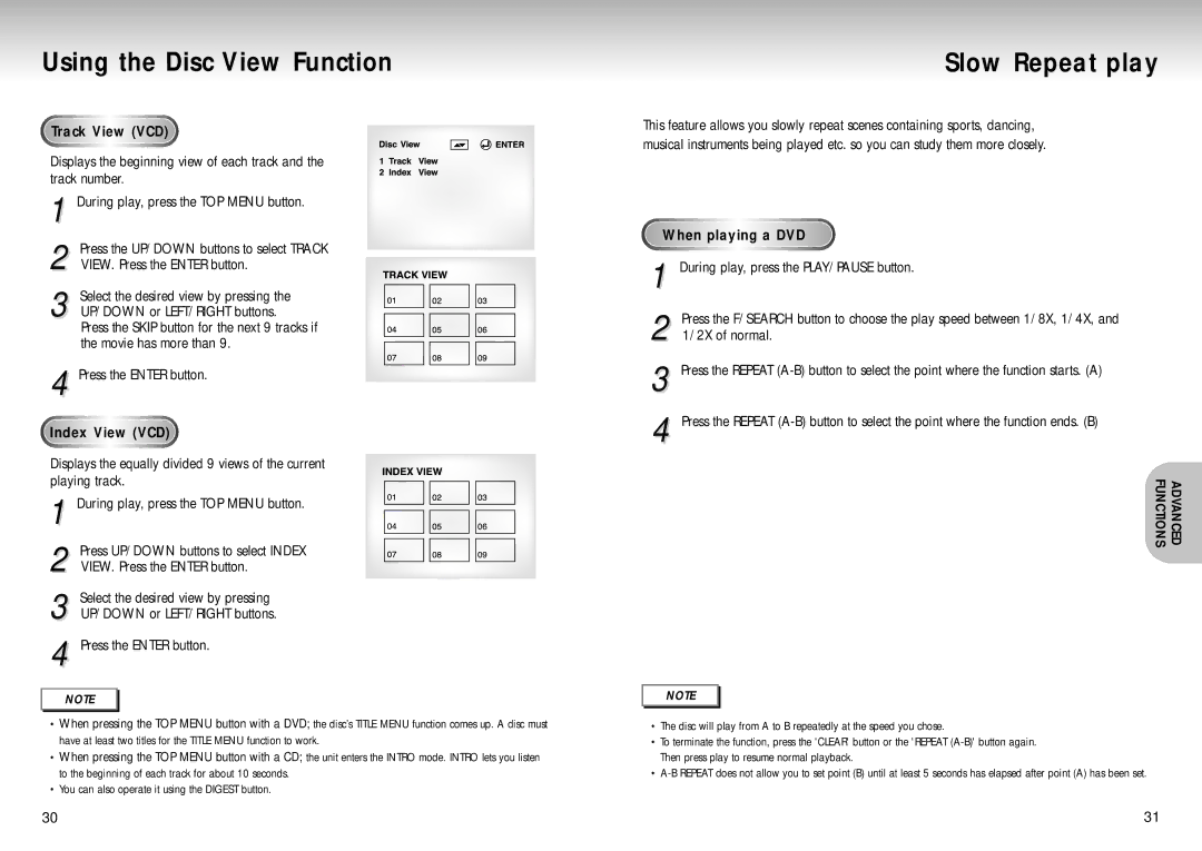 Samsung DVD-S222, DVD-S321 manual Using the Disc View Function, Slow Repeat play, Track View VCD, Index View VCD 