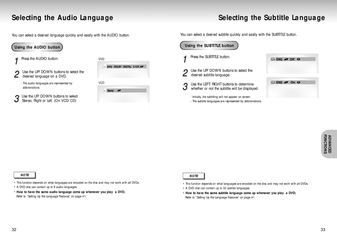 Samsung DVD-S321, DVD-S222 manual Selecting the Audio Language, Selecting the Subtitle Language, Press the Audio button 