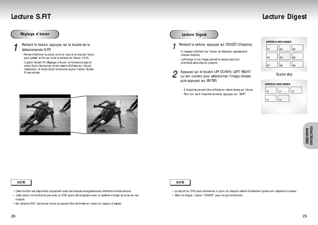 Samsung DVD-S222, DVD-S321 manual Lecture S.FIT, Lecture Digest, Réglage d’écran, Touche skip 