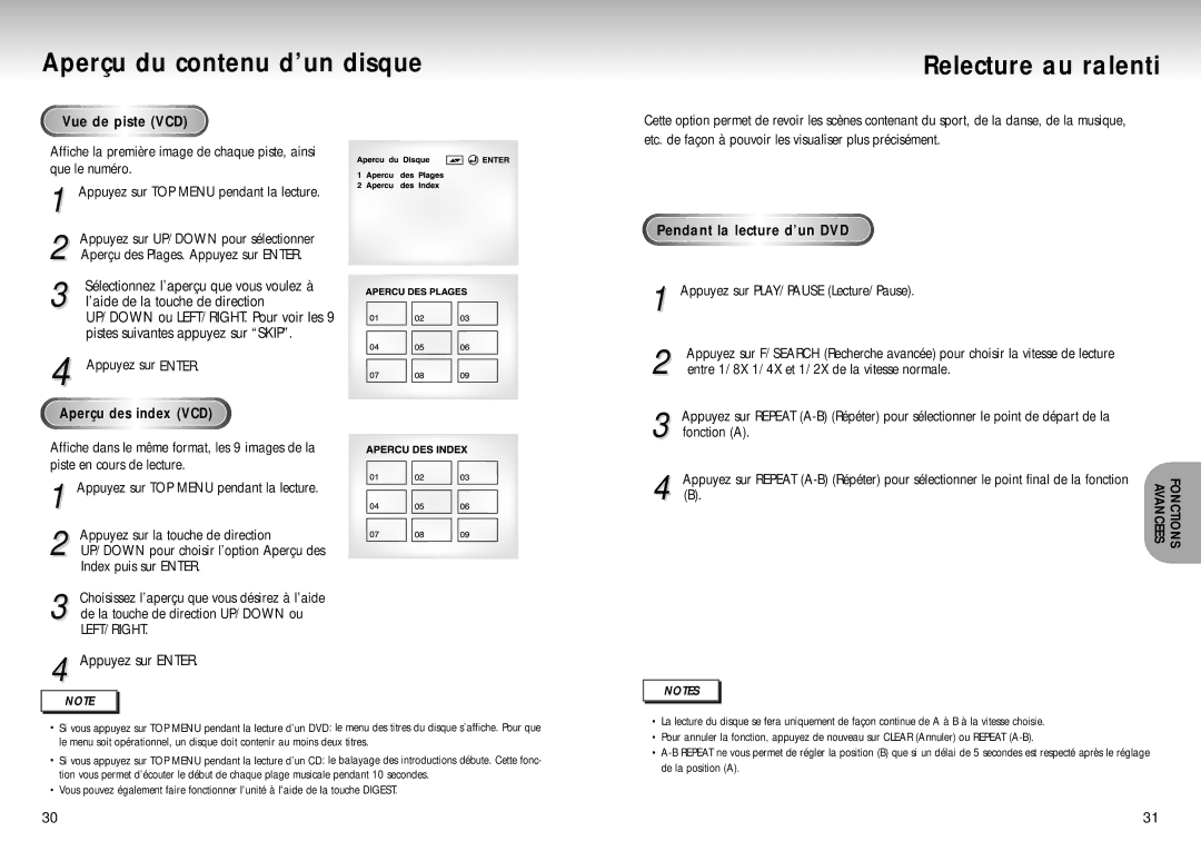 Samsung DVD-S321, DVD-S222 Aperçu du contenu d’un disque, Relecture au ralenti, Vue de piste VCD, Aperçu des index VCD 