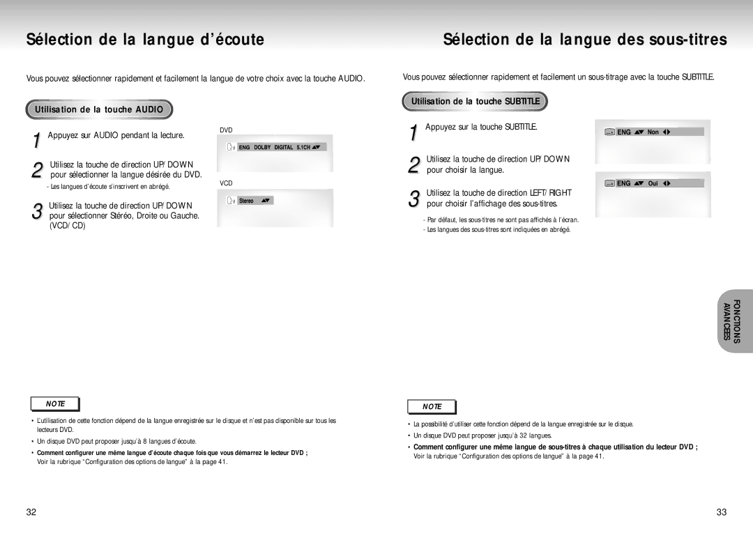 Samsung DVD-S222 Sélection de la langue d’écoute, Sélection de la langue des sous-titres, Utilisation de la touche Audio 