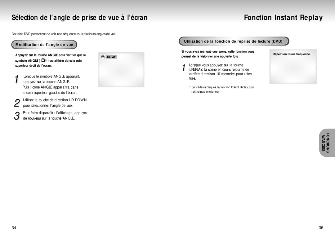 Samsung DVD-S321 Sélection de l’angle de prise de vue à l’écran, Fonction Instant Replay, Modification de l’angle de vue 