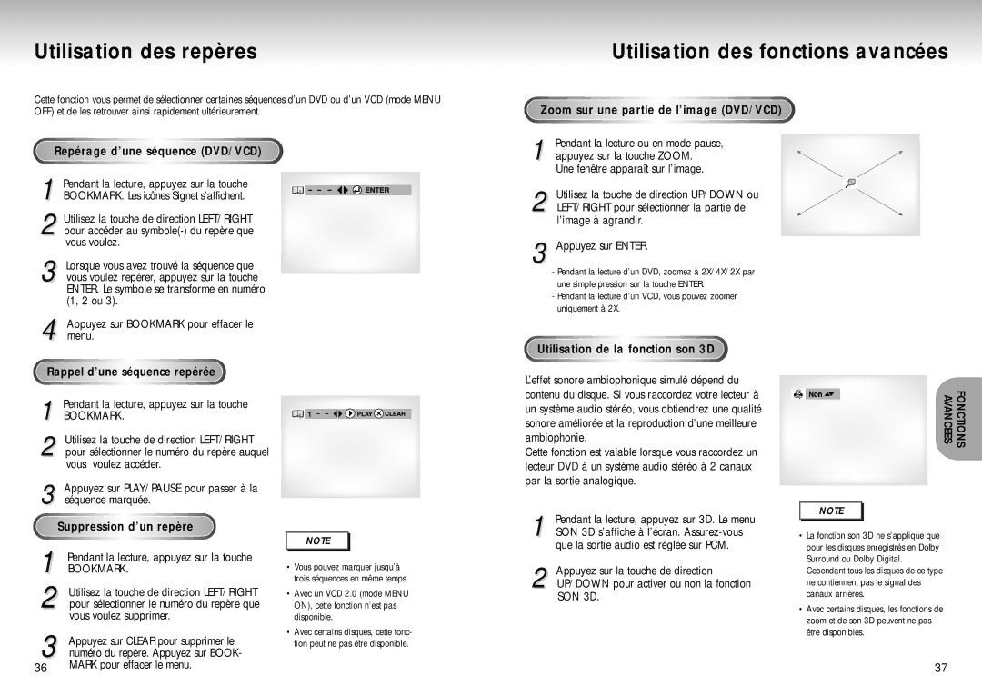 Samsung DVD-S222, DVD-S321 manual Utilisation des repères, Utilisation des fonctions avancées, Rappel d’une séquence repérée 