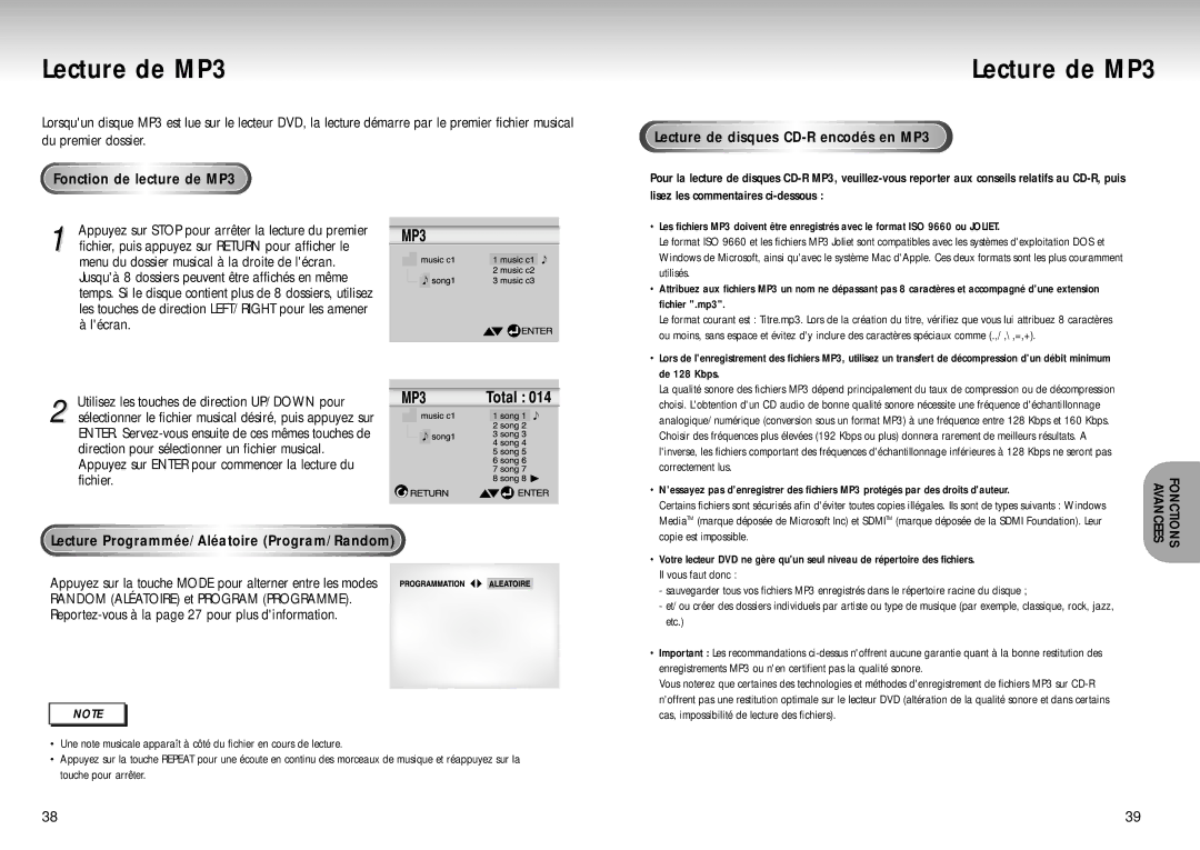 Samsung DVD-S321, DVD-S222 manual Lecture de MP3, Fonction de lecture de MP3, Lecture Programmée/Aléatoire Program/Random 