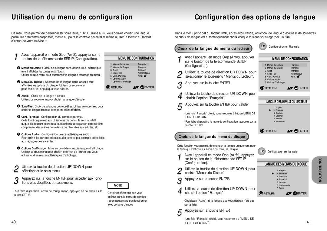 Samsung DVD-S222, DVD-S321 manual Utilisation du menu de configuration, Configuration des options de langue 