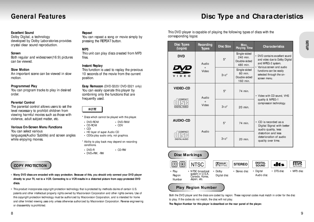 Samsung DVD-S321, DVD-S222 manual General Features, Disc Type and Characteristics, Play Region Number 