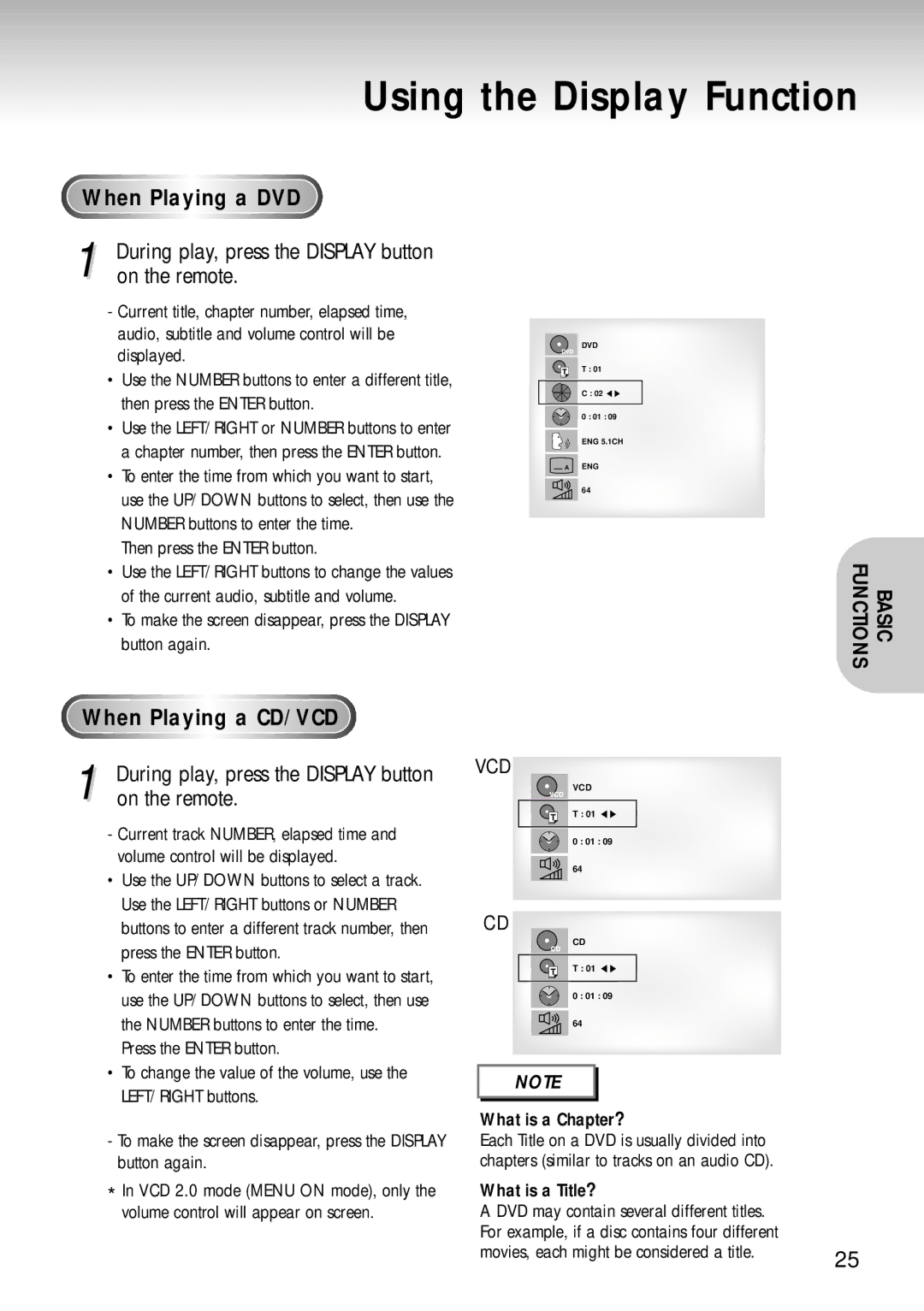 Samsung DVD-S324 manual Using the Display Function, When Playing a DVD, During play, press the Display button on the remote 