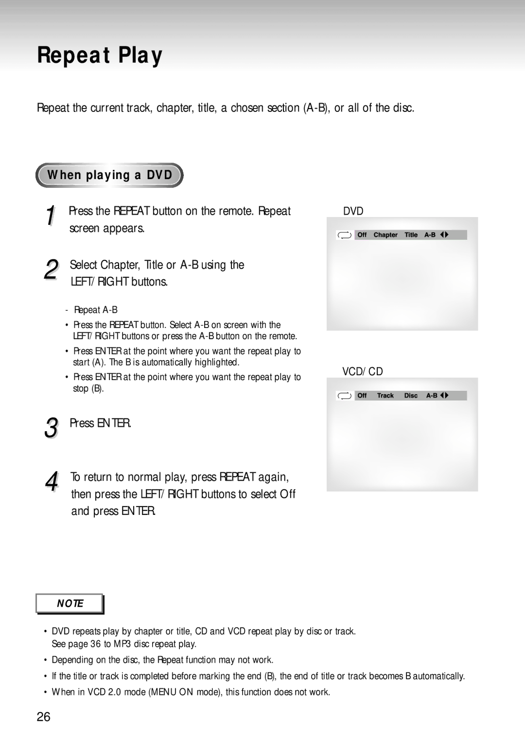 Samsung DVD-S424, DVD-S224, DVD-S324 Repeat Play, Screen appears, Select Chapter, Title or A-B using, LEFT/RIGHT buttons 