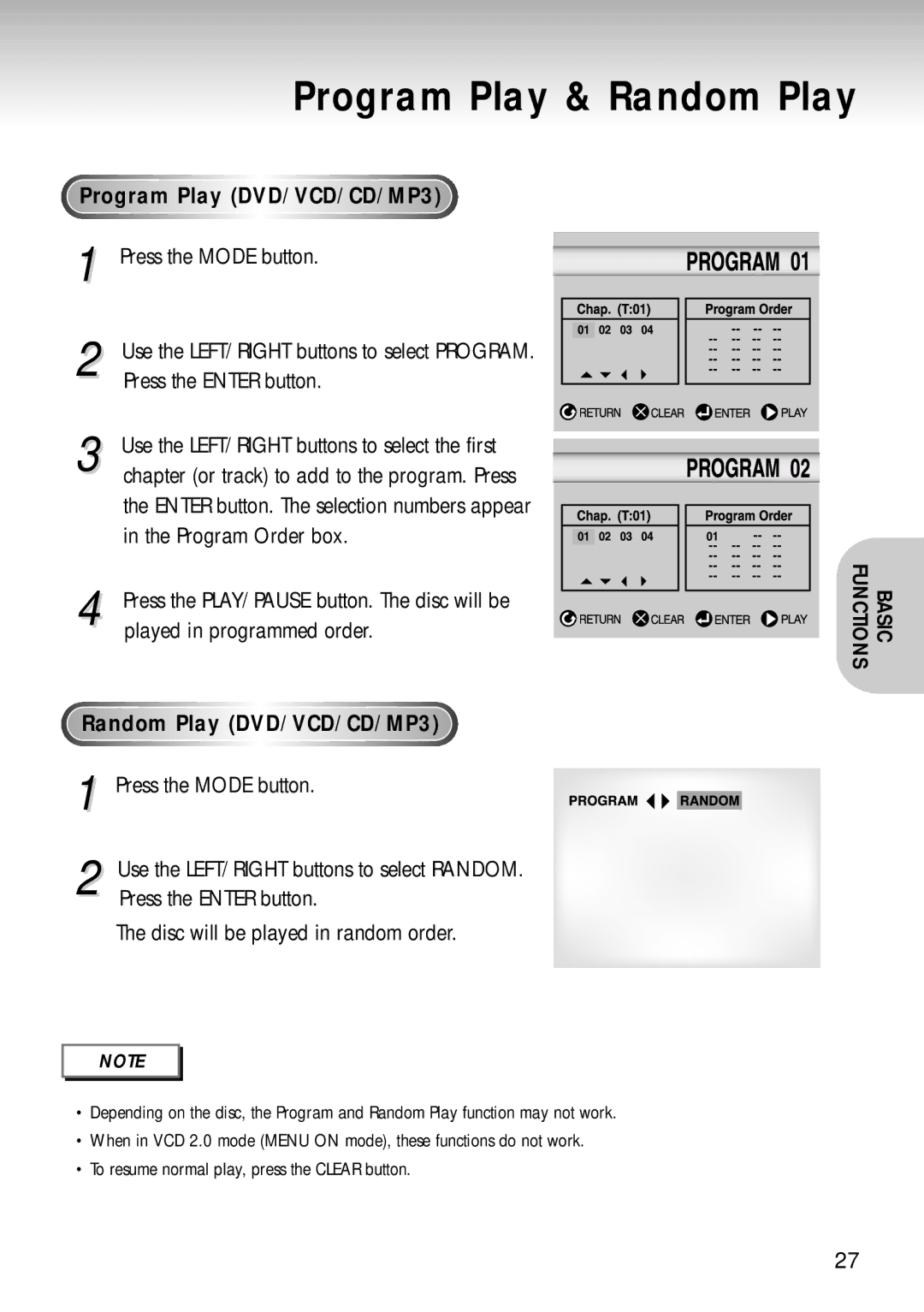 Samsung DVD-S224, DVD-S324, DVD-S424 Program Play & Random Play, Program Play DVD/VCD/CD/MP3, Random Play DVD/VCD/CD/MP3 