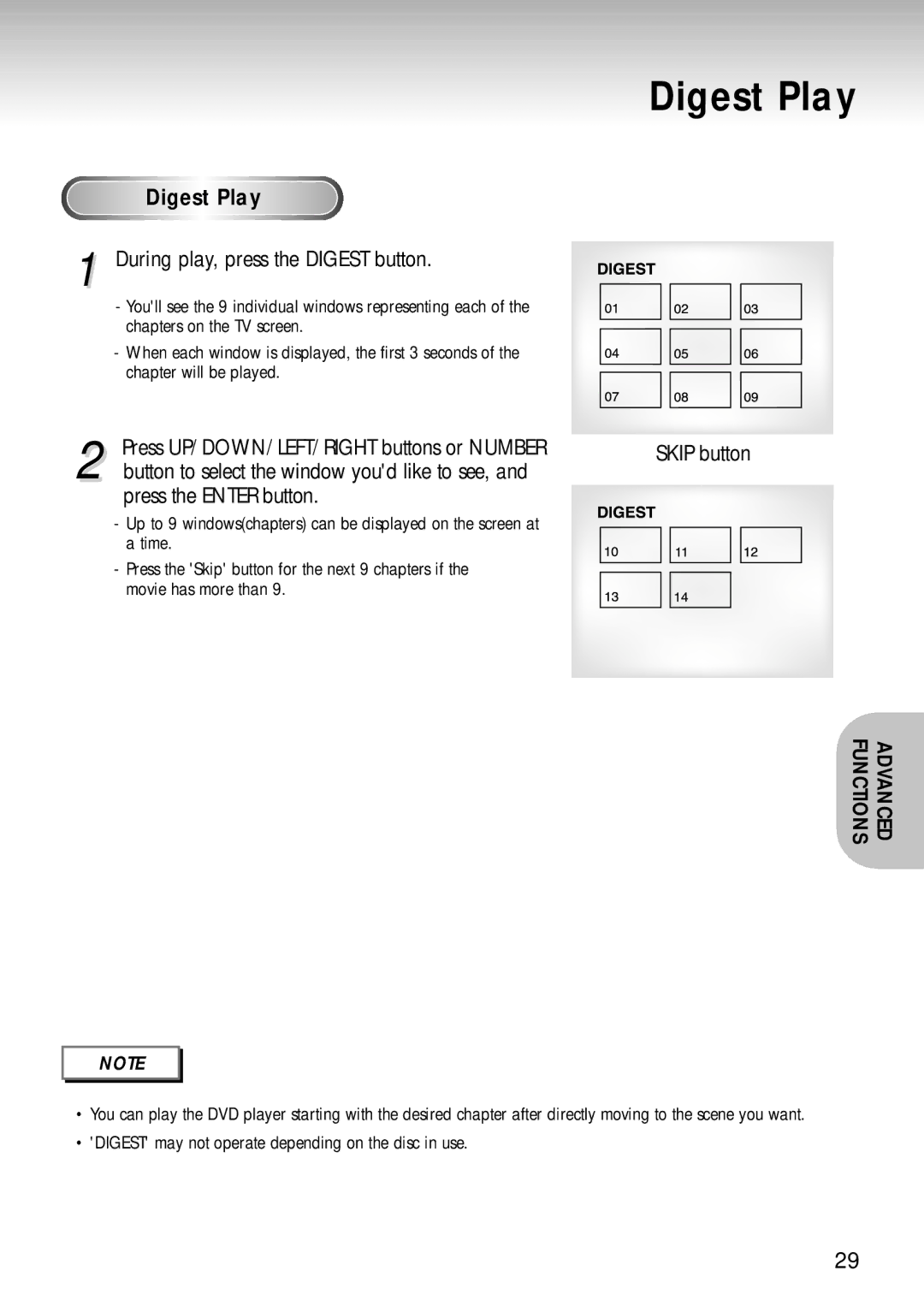 Samsung DVD-S424, DVD-S224, DVD-S324 manual Digest Play, Diges t Play, During play, press the Digest button, Skip button 