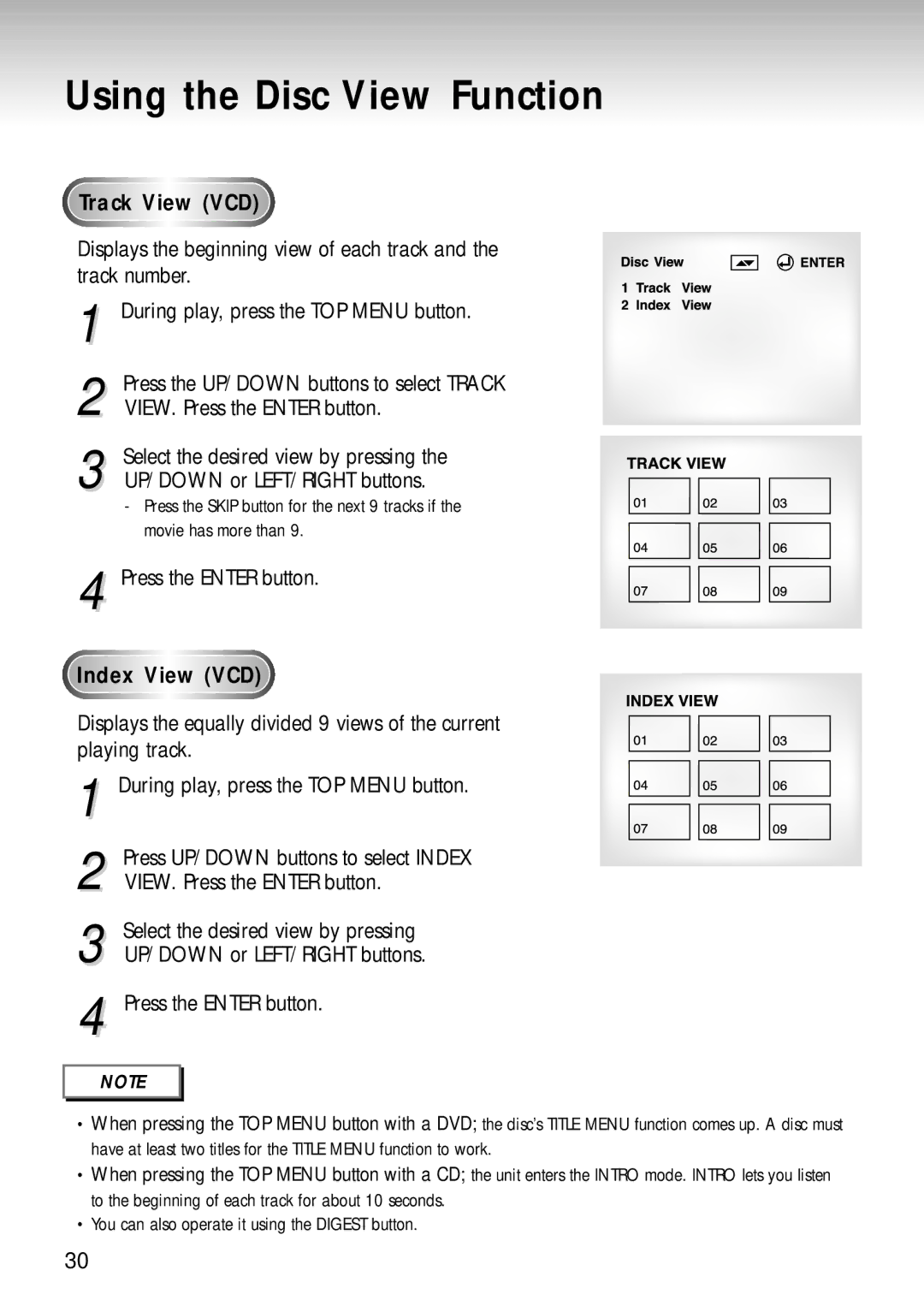 Samsung DVD-S224, DVD-S324, DVD-S424 Using the Disc View Function, Track View VCD, Press the Enter button, Index View VCD 