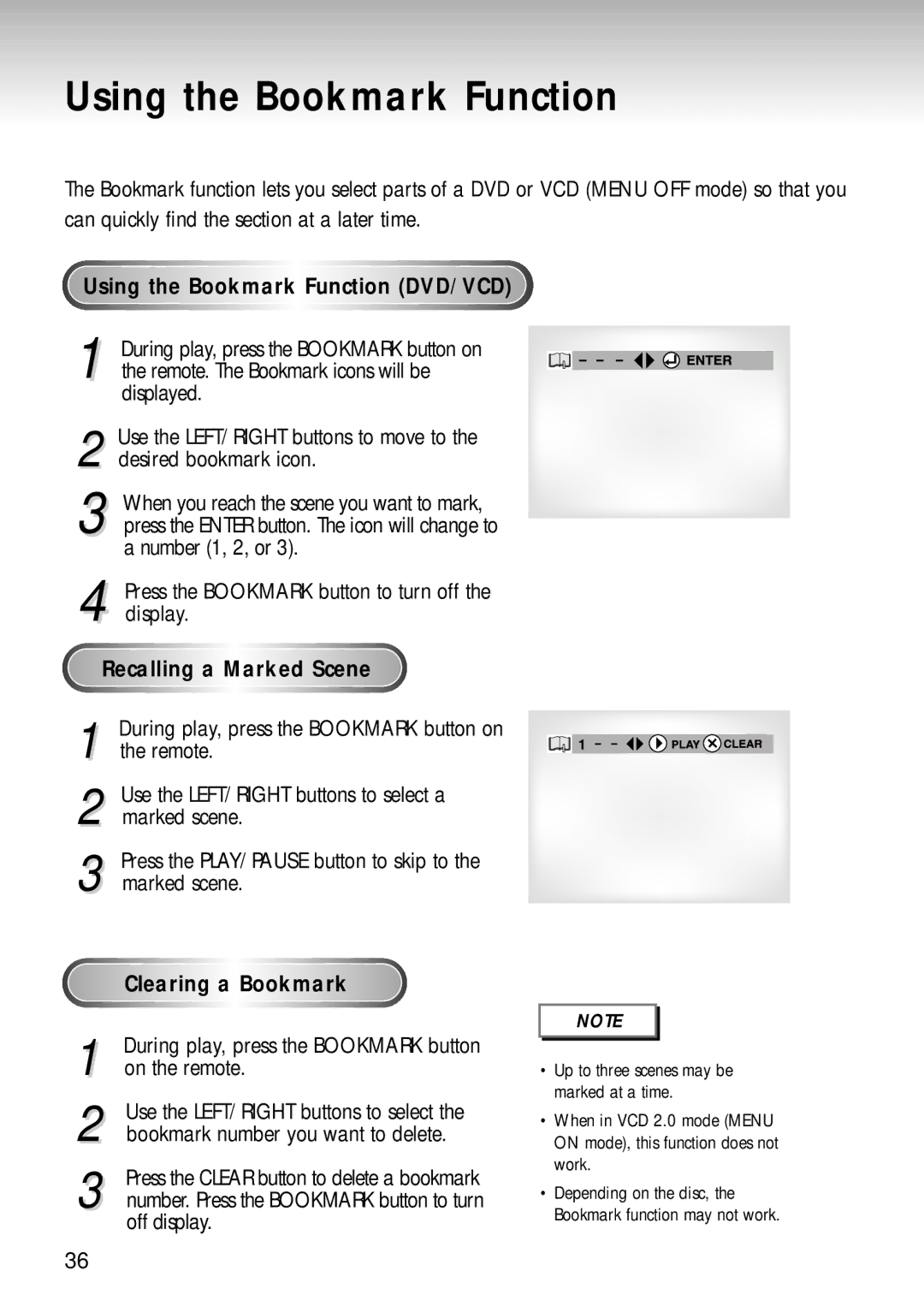 Samsung DVD-S224, DVD-S324, DVD-S424 Using the Bookmark Function DVD/VCD, Recalling a Marked Scene, Clearing a Bookmark 