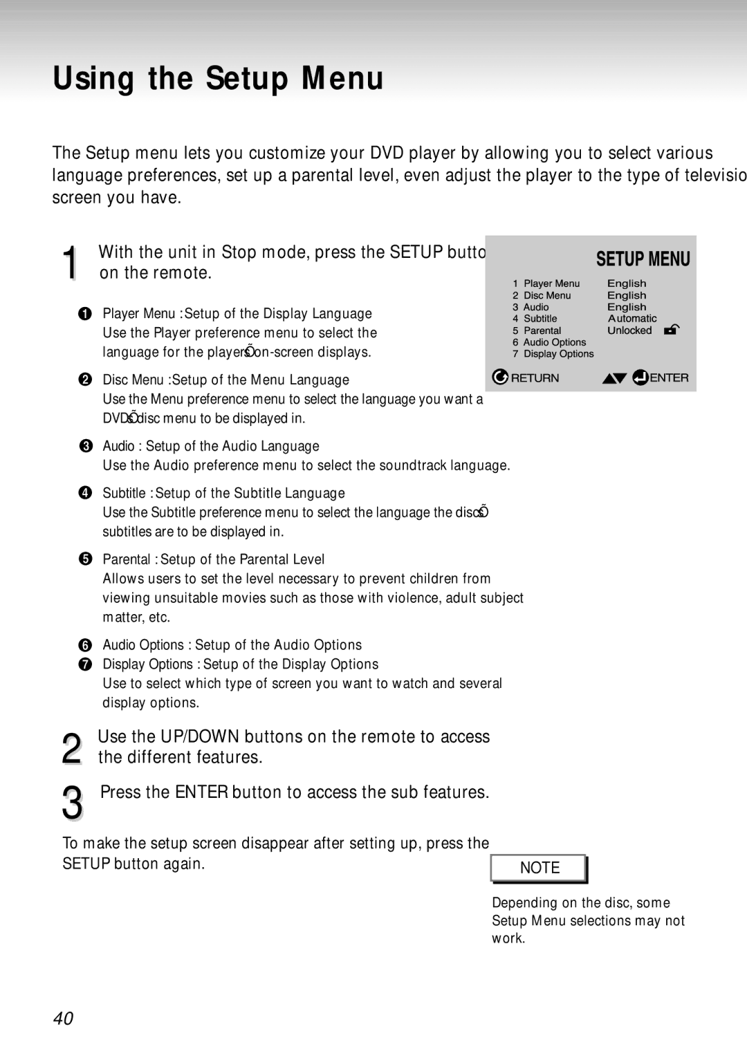 Samsung DVD-S324, DVD-S224, DVD-S424 manual Using the Setup Menu 