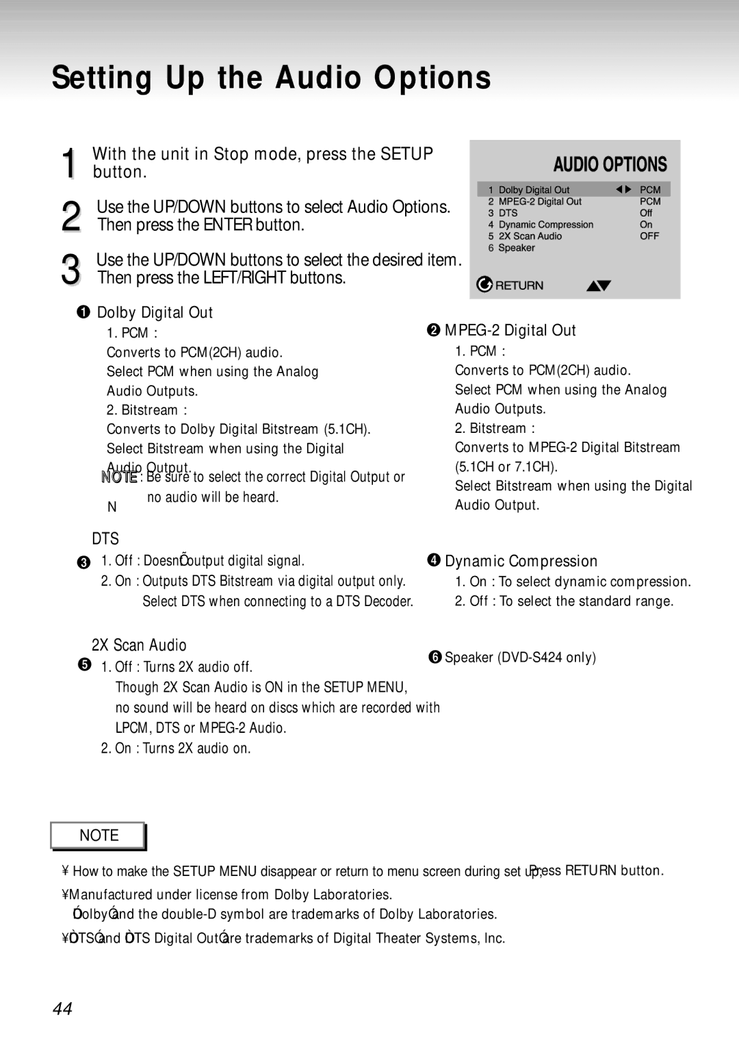 Samsung DVD-S424, DVD-S224 Setting Up the Audio Options, With the unit in Stop mode, press the Setup button, 2X Scan Audio 