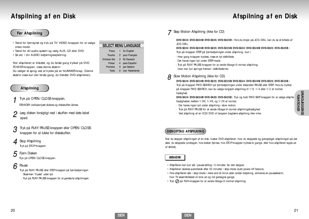 Samsung DVD-S224/XEE manual Afspilning af en Disk 