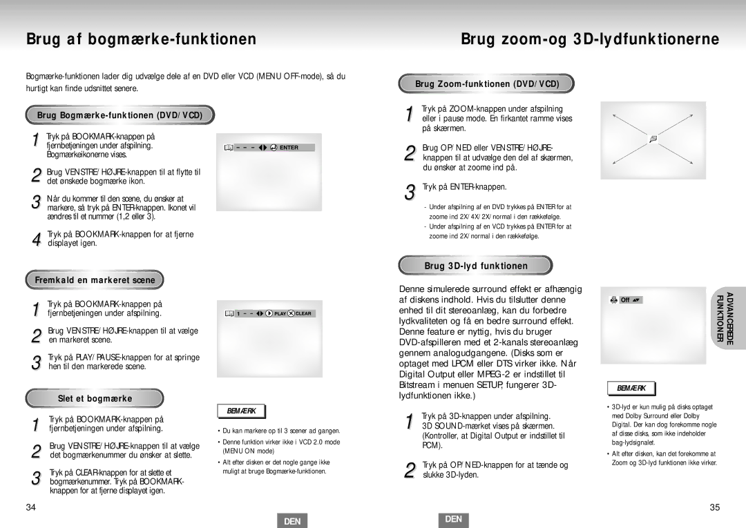 Samsung DVD-S224/XEE manual Brug af bogmærke-funktionen, Brug zoom-og 3D-lydfunktionerne, Brug Bogmærke-funktionenDVD/VCD 