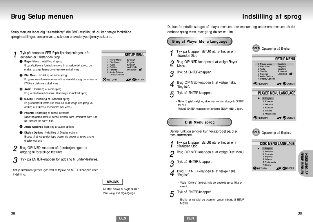 Samsung DVD-S224/XEE manual Brug Setup menuen, Indstilling af sprog, Brug af Player Menu Language, Disk Menu sprog 