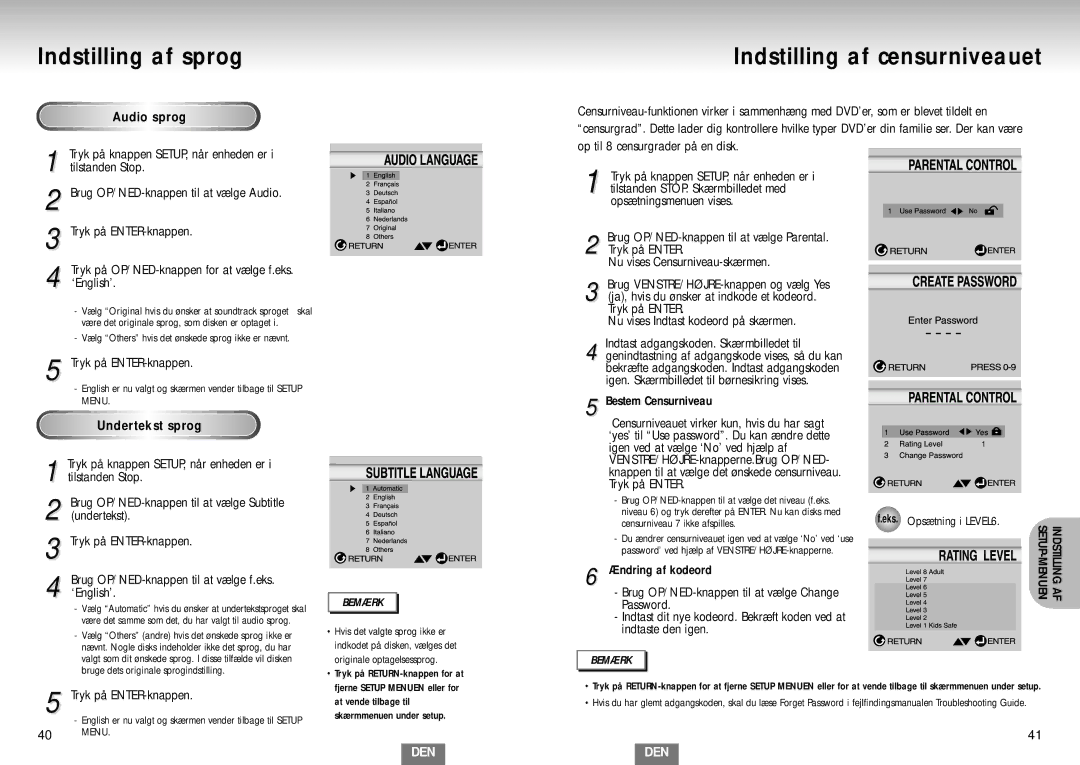 Samsung DVD-S224/XEE manual Indstilling af sprog Indstilling af censurniveauet, Audio sprog, Undertekst sprog 